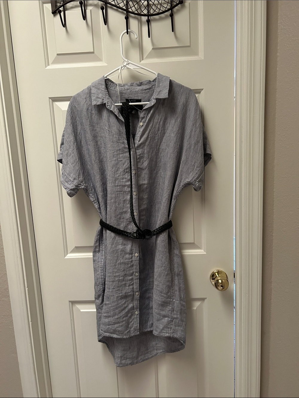 Light Blue Striped Woman's Button-Down Linen Dress